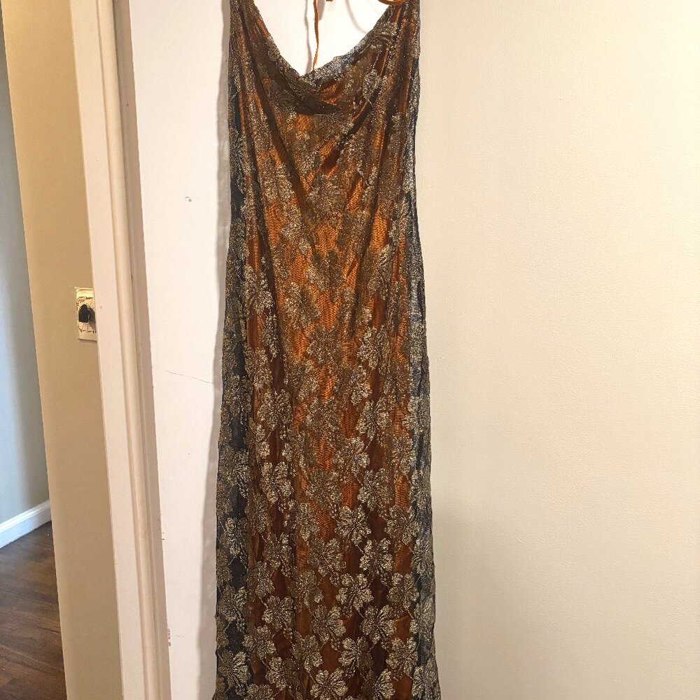 Nicole Miller Collection gold lace overlay gold satin slip formal dress SZ 10